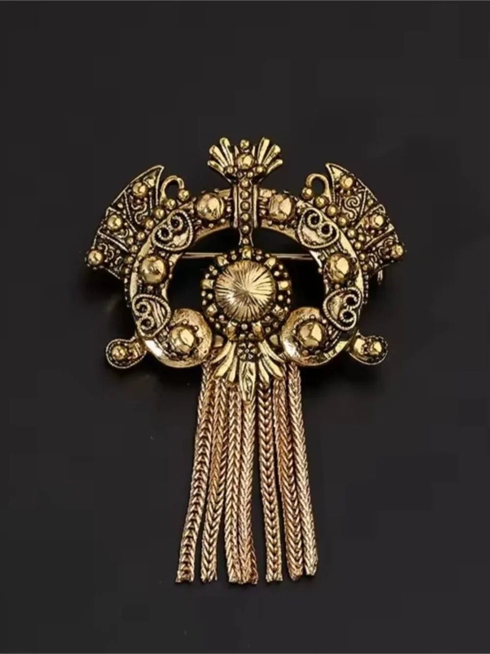 Ornate Gold Filigree Tassel Brooch Pin